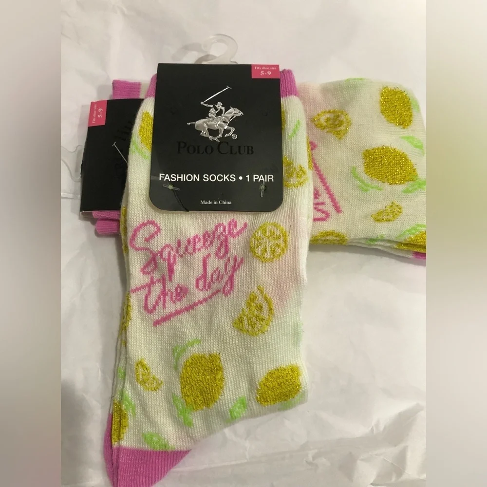 2pairs lemon print squeeze the day‎ cream & pink printed socks